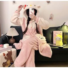 批发冬季<b class='q'>睡衣</b>女长毛绒加厚袍套卡通甜美连帽保暖宽松长袍长裤家居服