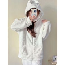 批发软糯糯睡衣女秋冬季新款半边绒连帽拉链长袖长<b class='q'>裤</b>家居服套装