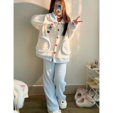 奶蓝小狗睡衣女秋冬季新款半边绒加厚保暖日系甜美风家居服可外穿