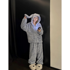 甜美卡通豹纹小兔冬季长毛绒连帽睡衣睡裤加厚保暖少女家居服套装
