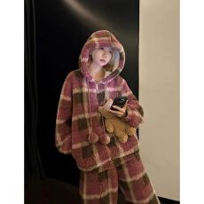 甜美卡通粉色格子冬季珊瑚绒连帽睡衣睡裤加厚保暖少女家居服套装