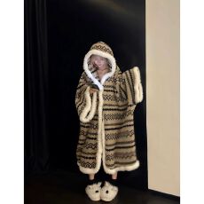 复古条纹睡衣女秋冬季新款珊瑚绒加厚甜美卡通睡袍睡裤套装可外穿