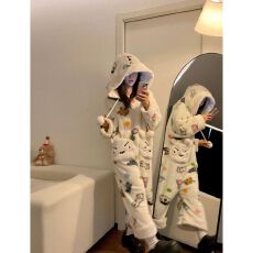 睡衣女秋冬季珊瑚绒加厚连体衣七分裤家居服日系甜美风