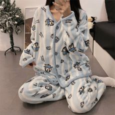 批发法兰绒 秋冬季珊瑚绒睡衣女长袖开衫甜美外穿家居服<b class='q'>套装</b>