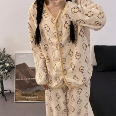 批发法兰绒 秋冬季珊瑚绒睡衣女长袖开衫甜美外穿家居服<b class='q'>套装</b>