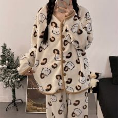 批发法兰绒 秋冬季珊瑚绒睡衣女长袖开衫甜美外穿家居服<b class='q'>套装</b>