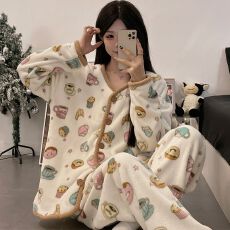 批发法兰绒 秋冬季珊瑚绒睡衣女长袖开衫甜美外穿家居服<b class='q'>套装</b>