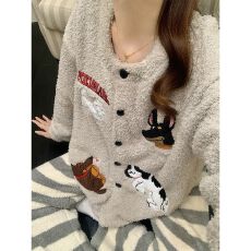 批发半边绒 冬季珊瑚绒睡衣女条纹开衫外穿家居服保暖<b class='q'>套装</b>