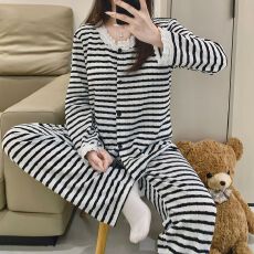 批发织布 春秋季<b class='q'>睡衣</b>女长袖开衫花边条纹休闲家居服套装