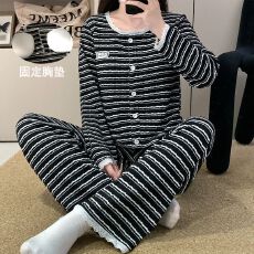 批发织布 春秋季<b class='q'>睡衣</b>女长袖开衫花边条纹休闲家居服套装