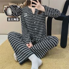 批发织布 春秋季<b class='q'>睡衣</b>女长袖开衫花边条纹休闲家居服套装