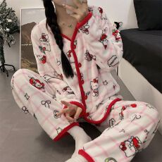 批发法兰绒 秋冬季珊瑚绒<b class='q'>睡衣</b>女长袖开衫甜美外穿家居服套装