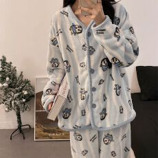 批发法兰绒 秋冬季珊瑚绒<b class='q'>睡衣</b>女长袖开衫甜美外穿家居服套装