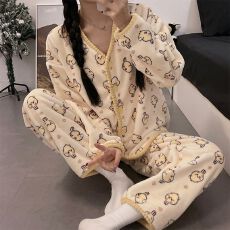 批发法兰绒 秋冬季珊瑚绒<b class='q'>睡衣</b>女长袖开衫甜美外穿家居服套装