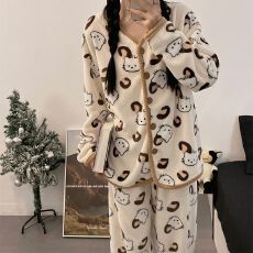 批发法兰绒 秋冬季珊瑚绒<b class='q'>睡衣</b>女长袖开衫甜美外穿家居服套装