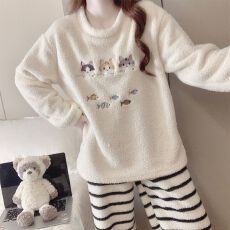 批发半边绒 冬季珊瑚绒<b class='q'>睡衣</b>女长袖甜美可爱外穿家居服套装