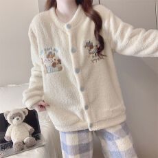 批发半边绒 冬季珊瑚绒<b class='q'>睡衣</b>女长袖甜美可爱外穿家居服套装