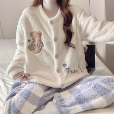 批发半边绒 冬季珊瑚绒<b class='q'>睡衣</b>女长袖甜美可爱外穿家居服套装