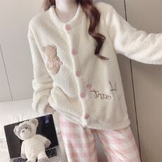 批发半边绒 冬季珊瑚绒<b class='q'>睡衣</b>女长袖甜美可爱外穿家居服套装