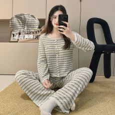 批发织布 春秋季<b class='q'>睡衣</b>女长袖开衫花边条纹休闲家居服套装