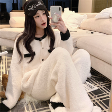 批发新款秋冬甜美半边<b class='q'>绒</b><b class='q'>睡衣</b>女<b class='q'>珊瑚</b><b class='q'>绒</b>小香风家居服冬天套装