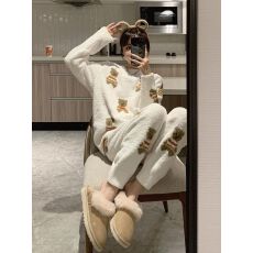 批发可爱简约小熊半边绒睡衣女冬季加厚新款学生宿舍保暖家居服套装