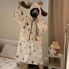 派对小狗睡袍女冬季珊瑚绒加厚保暖女士可爱睡衣家居服