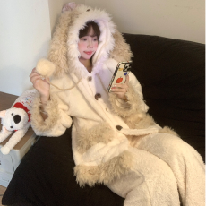 冬季爆款甜美温柔风拼接蝴蝶结珊瑚绒睡衣女士保暖连帽套装家居服