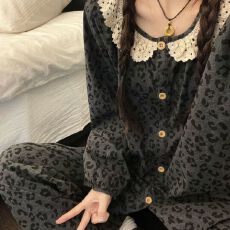 德绒开衫花边少女韩风简约老钱风豹纹印花双长家居服套装