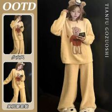 批发可爱奶黄小熊<b class='q'>珊瑚</b><b class='q'>绒</b><b class='q'>睡衣</b>女冬季2025加<b class='q'>绒</b>加厚毛<b class='q'>绒</b>保暖家居服两件套