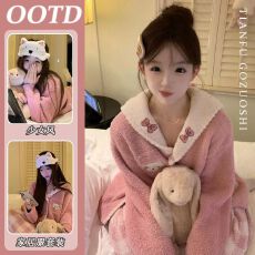 批发巨好看少女粉秋冬季<b class='q'>睡衣</b>加厚<b class='q'>珊瑚</b><b class='q'>绒</b>2025新款可爱格子玛丽猫家居服