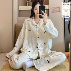 批发春季新款睡衣女双层纱翻领开衫宽松<b class='q'>长袖</b>长裤固定胸垫<b class='q'>家居服</b>套装