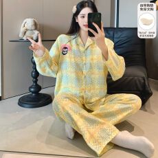 批发春季新款睡衣女双层纱翻领开衫宽松<b class='q'>长袖</b>长裤固定胸垫<b class='q'>家居服</b>套装