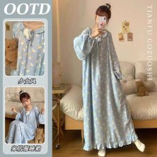 批发仿棉 韩版卡通印花<b class='q'>长袖</b>睡裙女长款春夏新款甜美<b class='q'>家居服</b>连衣裙