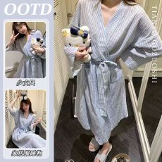 批发仿棉 简约休闲条纹睡袍睡裙睡衣女款春秋季<b class='q'>长袖</b>宽松<b class='q'>家居服</b>