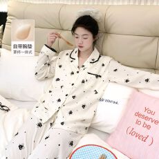 爆款带胸垫春秋季甜美云朵棉长袖女睡衣家居服套装
