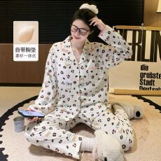 爆款带胸垫春秋季甜美云朵棉长袖女睡衣家居服套装