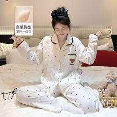 爆款带胸垫春秋季甜美云朵棉长袖女睡衣家居服套装