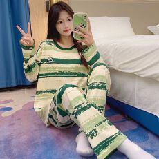 批发秋季女睡衣长袖春季<b class='q'>可爱</b>家居服青年仿棉直播睡衣套装春秋带胸垫