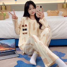 批发秋季女睡衣长袖春季<b class='q'>可爱</b>家居服青年仿棉直播睡衣套装春秋带胸垫