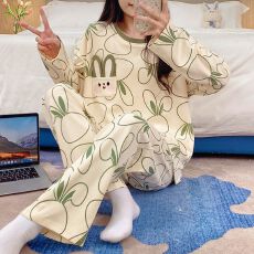 批发秋季女睡衣长袖春季<b class='q'>可爱</b>家居服青年仿棉直播睡衣套装春秋带胸垫