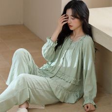 人棉 春季睡衣女长袖公主风开衫纽扣可外穿家居服套装
