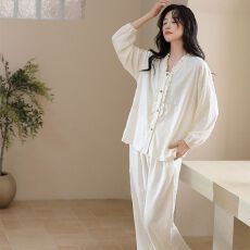 人棉 春季睡衣女长袖公主风开衫纽扣可外穿家居服套装
