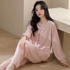 人棉 春季睡衣女长袖公主风开衫纽扣可外穿家居服套装