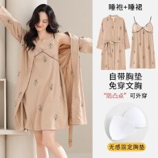 批发春<b class='q'>秋</b>新款睡裙女针织云朵棉睡袍两件套V领长袖中长款浴衣家居服