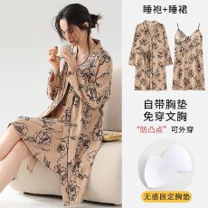 批发春<b class='q'>秋</b>新款睡裙女针织云朵棉睡袍两件套V领长袖中长款浴衣家居服