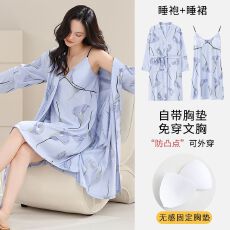 批发春<b class='q'>秋</b>新款睡裙女针织云朵棉睡袍两件套V领长袖中长款浴衣家居服