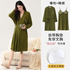 批发春<b class='q'>秋</b>新款睡裙女针织云朵棉睡袍两件套V领长袖中长款浴衣家居服