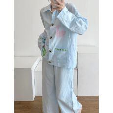 雾蓝刺绣套装2026春秋季长袖长裤睡衣女网红ins风家居服