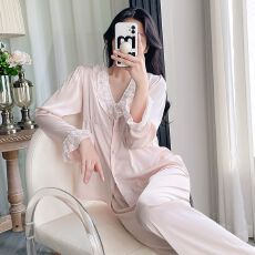 2026春夏季冰丝薄款长袖长裤套装纯色睡衣女家居服女士开衫娃娃领